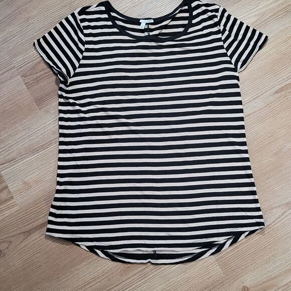 🔺️Halogen Black & Tan Striped Linen Blend Short Sleeve Top Medium - Picture 1 of 8